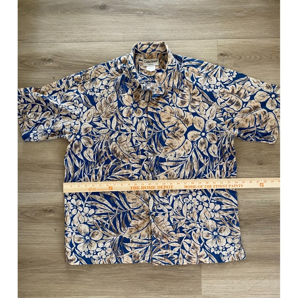 Cooke Street Honolulu Mens L Hawaiian Aloha Shirt Blue Tan Floral Cotton Hawaii